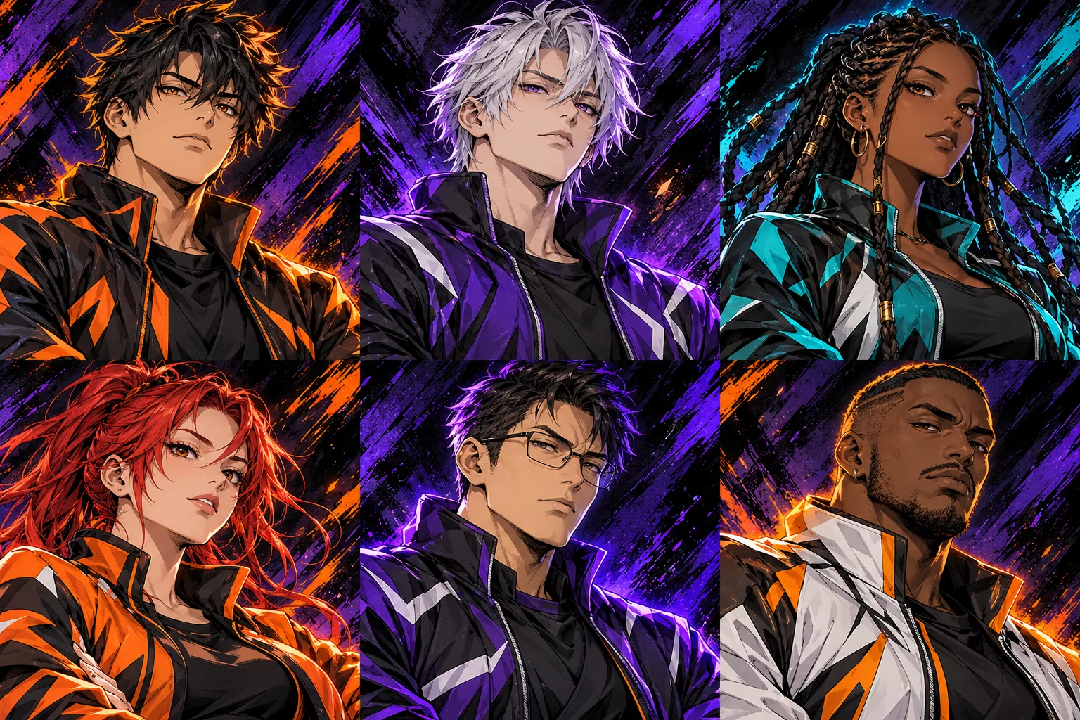 Des joueurs illustrés dans les couleurs orange et violet de TCG League